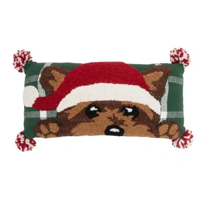 C & F Home Santa Dog Mini Hooked Throw Pillow 16" X 8" In Green