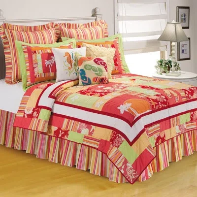 C & F Home Tropical Paradise Cotton Reversible Coastal Quilt In Pink,orange