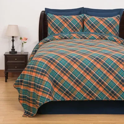 C & F Home Troy Plaid Cotton Reversible Quilt Set In Blue;orange