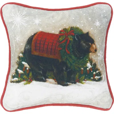 C & F Home C&f Home Wreath & Pinecones Snowflakes Woodland Bear Cotton Accent Pillow, 8" X 8" In Green
