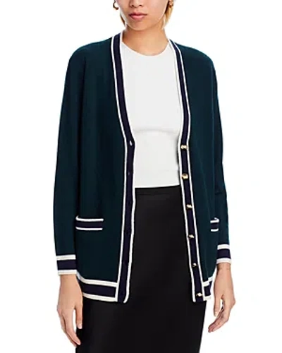 C By Bloomingdale's Cashmere Contrast Trim Cardigan - Exclusive In Dark Green/navy