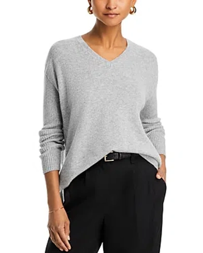 C By Bloomingdale's Cashmere V-neck Ribbed Sleeve Cashmere Sweater - Exclusive In Light Grey