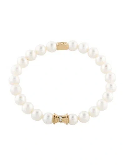 Pre-owned C. Grassi 14k Pearl & Reverse Set Diamonds Graduated Hourglass Bracelet, 6.25" In Multi