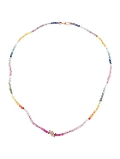 Pre-owned C. Grassi 14k Rainbow Sapphire, Glass-filled Ruby & Diamond Double Slash Necklace W/ Interlocking Clasp, 18" In Multi
