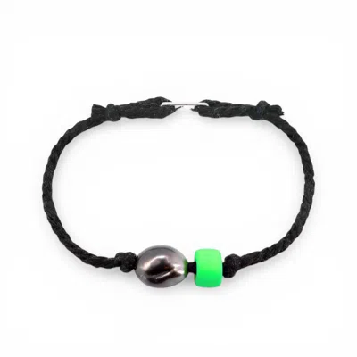 C. Grassi Women's Black / Green Buoy Bracelet - Tahitian Pearl And Matte Glass Bead - Black Nautical Cord - 14 In Multi