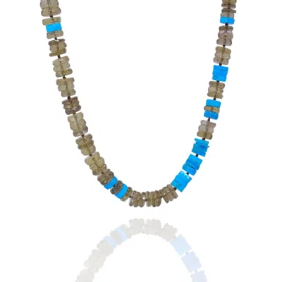 C. Grassi Women's Brown / Blue Faceted Gemstone Necklace - Smoky Quartz & Turquoise - 14k Gold Clasp - Adjusta
