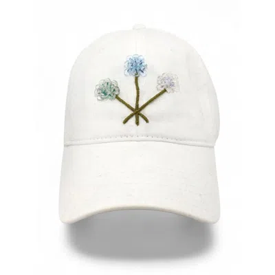 C. Grassi Women's Crystal Garden – Hydrangea Dad Hat - Hand-beaded Aquamarine, Green Amethyst, Clear Quartz -  In White