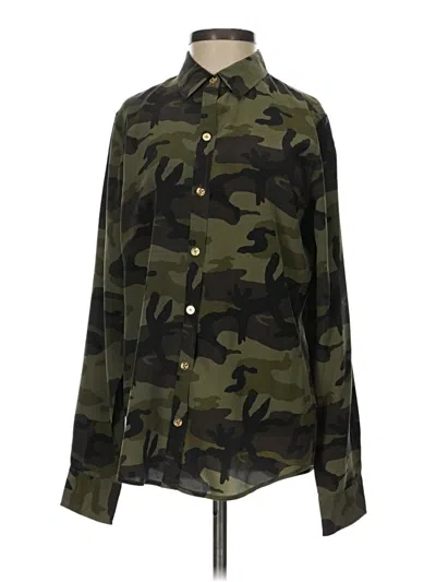 Pre-owned C. Wonder Long Sleeve Silk Top Green Camo Pattern Mock Neckline Tops