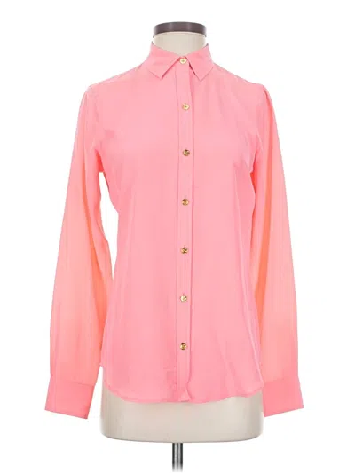 Pre-owned C. Wonder Long Sleeve Silk Top Pink Color Block Pattern Mock Neckline Tops
