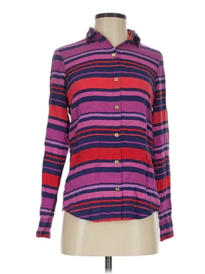 Pre-owned C. Wonder Long Sleeve Silk Top Purple Stripes Pattern Mock Neckline Tops