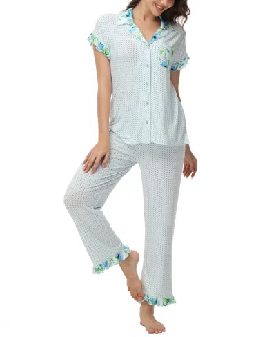 C. Wonder Women's Printed Notch Collar Short Sleeve With Ruffle And Pants 2 Pc. Pajama Set In Dot Floral