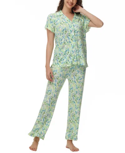 C. Wonder Women's Printed Notch Collar Short Sleeve With Ruffle And Pants 2 Pc. Pajama Set In Whimsical Floral