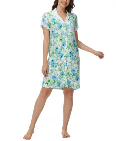 C. Wonder Women's Printed Notch Collar Short Sleeve With Ruffle Sleepshirt Nightgown In Floral