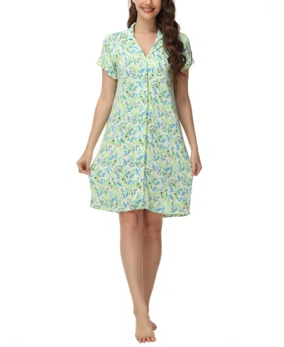 C. Wonder Women's Printed Notch Collar Short Sleeve With Ruffle Sleepshirt Nightgown In Whimsical Floral