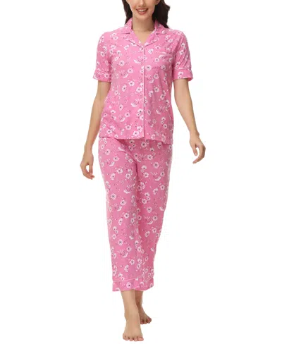 C. Wonder Women's Printed Short Sleeve Notch Collar With Pants 2 Pc. Pajama Set In Dot Floral