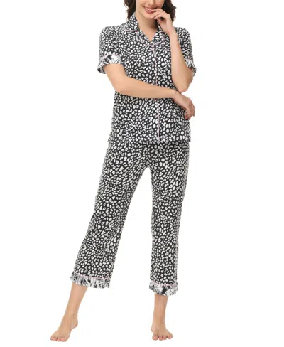 C. Wonder Women's Printed Short Sleeve Notch Collar With Pants 2 Pc. Pajama Set In Lynx