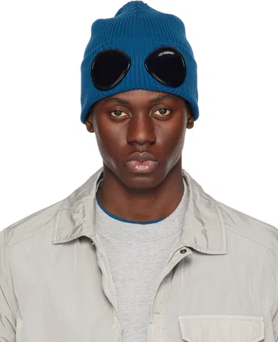 C.p. Company Blue Goggle Beanie In Ink Blue 848