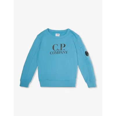 C.p. Company Cp Company Boys Niagara Blue Kids Logo-print Lens-embellished Cotton-jersey Sweatshirt 4-14 Years