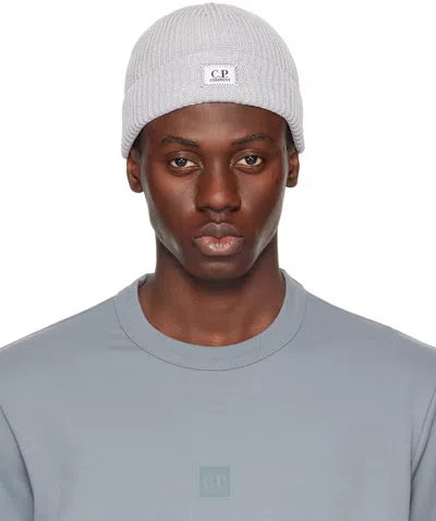 C.p. Company Gray Cotton Logo Beanie In Grey Melange M93