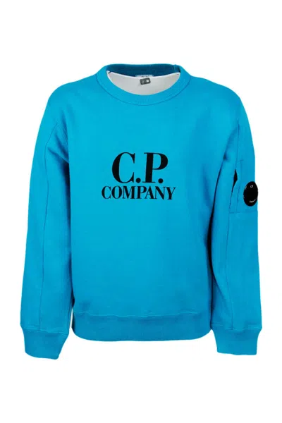 C.p. Company Kids' Long-sleeved Crewneck Sweatshirt In Breathable Cotton Fleece With Logo On The Chest And Eyeglass Len In Blue
