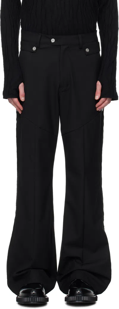 C2h4 Black Paneled Wide Leg Tailored Trousers In Solemn Black