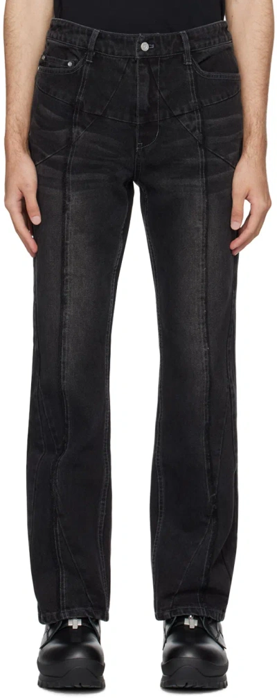 C2h4 Black Stagger Streamline Arch Jeans In Faded Black