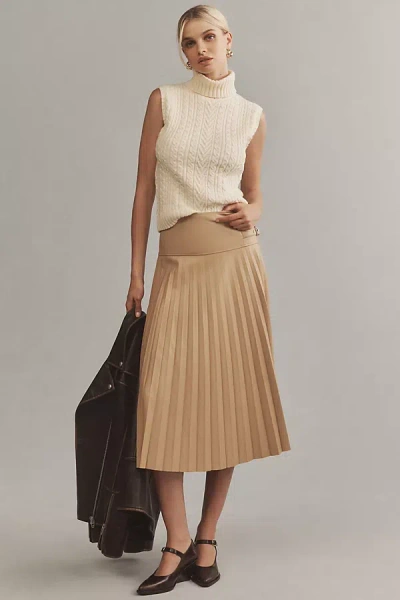Caballero Buckle Faux Leather Pleated Midi Skirt In Beige