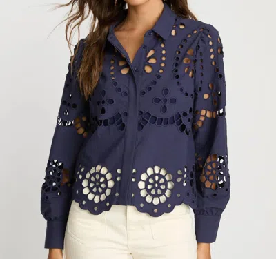 Caballero Emmie Button-down Blouse In Navy Eyelet Lace In Blue