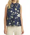 Caballero Lys Beaded Mesh Floral Top In Sapphire Garden In Blue