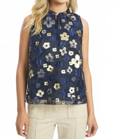 Caballero Lys Beaded Mesh Floral Top In Sapphire Garden In Blue