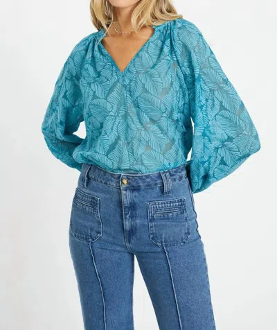 Caballero Miki V Neck Ruffle Top In Teal Leaf Burnout In Blue