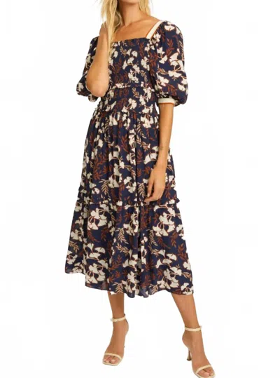 Caballero Oceane Puff Sleeves Midi Dress In Ginko Block Print In Multi
