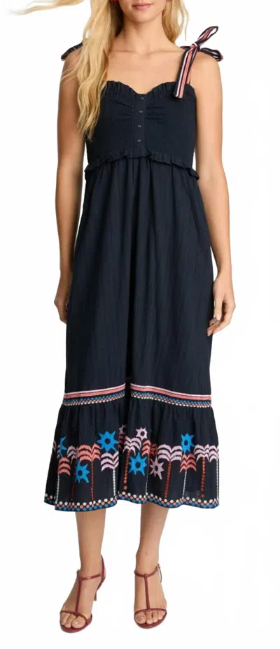 Caballero Thandi Dress In Peacoat Navy Palm Embroidery In Blue