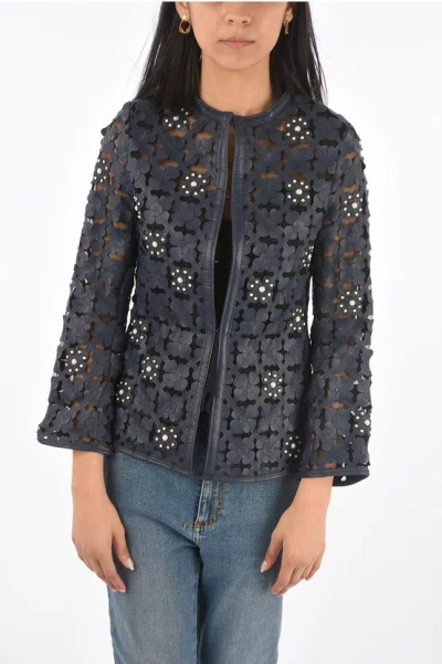 Caban Romantic Embossed Leather Applications Blazer With Beads In Black