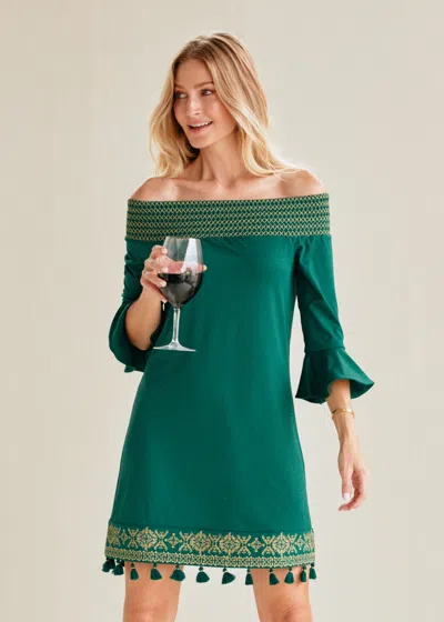 Cabana Life Emerald Metallic Embroidered Off The Shoulder Dress In Green