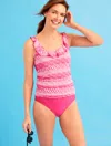 Cabana Life Misses - Â® Gate Stripe Ruffle Tankini - Pink Yarrow - Medium Talbots In Pink Yarrow