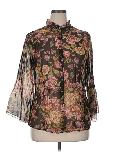 Pre-owned Cabi 3/4 Sleeve Silk Top Brown Floral Pattern Mock Neckline Tops
