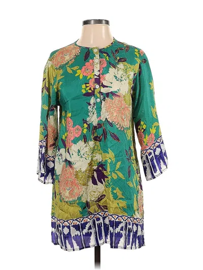 Pre-owned Cabi 3/4 Sleeve Silk Top Green Keyhole Neckline Tops