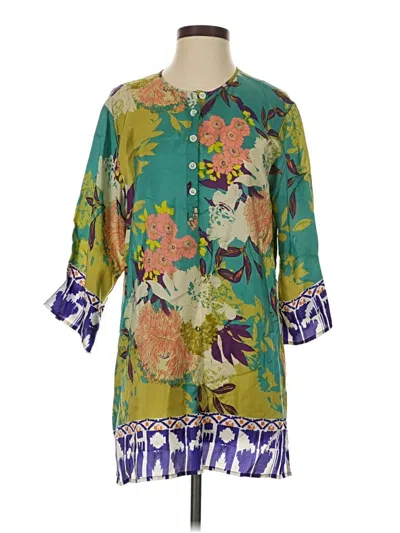 Pre-owned Cabi 3/4 Sleeve Silk Top Green Keyhole Neckline Tops
