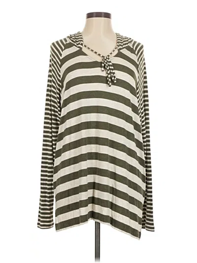 Pre-owned Cabi Long Sleeve Top Green Stripes Pattern Cowl Neck Tops