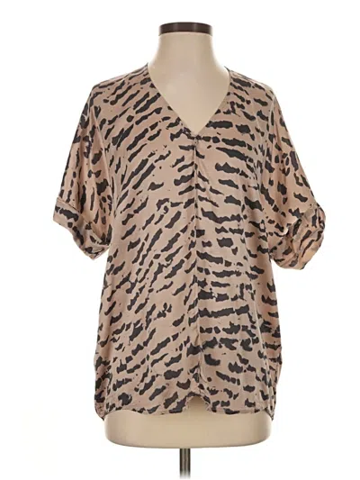 Pre-owned Cabi Short Sleeve Silk Top Tan Animal Print Pattern V-neck Tops