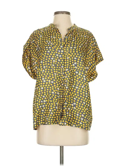Pre-owned Cabi Short Sleeve Silk Top Yellow Print Pattern Cowl Neck Tops