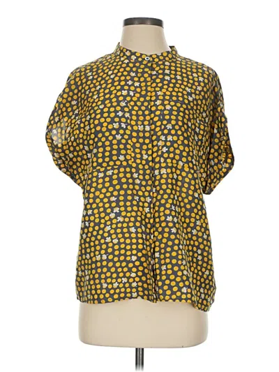 Pre-owned Cabi Short Sleeve Silk Top Yellow Print Pattern Mock Neckline Tops