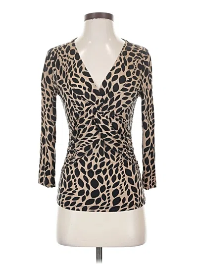 Pre-owned Cable & Gauge 3/4 Sleeve Top Tan Animal Print Pattern Plunge Neckline Tops