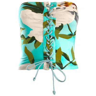 Pre-owned Cacharel 1990s  Hawaiian Tropical Print Sexy Vintage 90s Strapless Crop Tube Top In Green