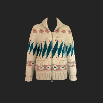 Pre-owned Cacharel - Cardigan - Chunky Knit Wool - Zip Closure - Ecru, Dusty Pink, Jade In Green