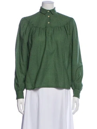 Pre-owned Cacharel Escorial Wool Plaid Print Blouse In Green