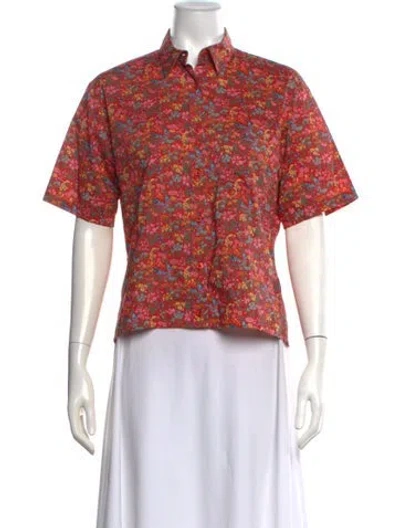 Pre-owned Cacharel Floral Print Short Sleeve Button-up Top In Red