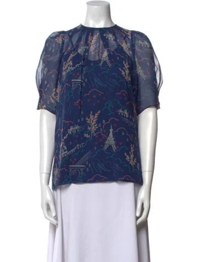 Pre-owned Cacharel Silk Floral Print Blouse In Blue