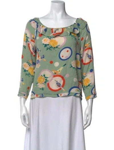 Pre-owned Cacharel Silk Floral Print Blouse In Green